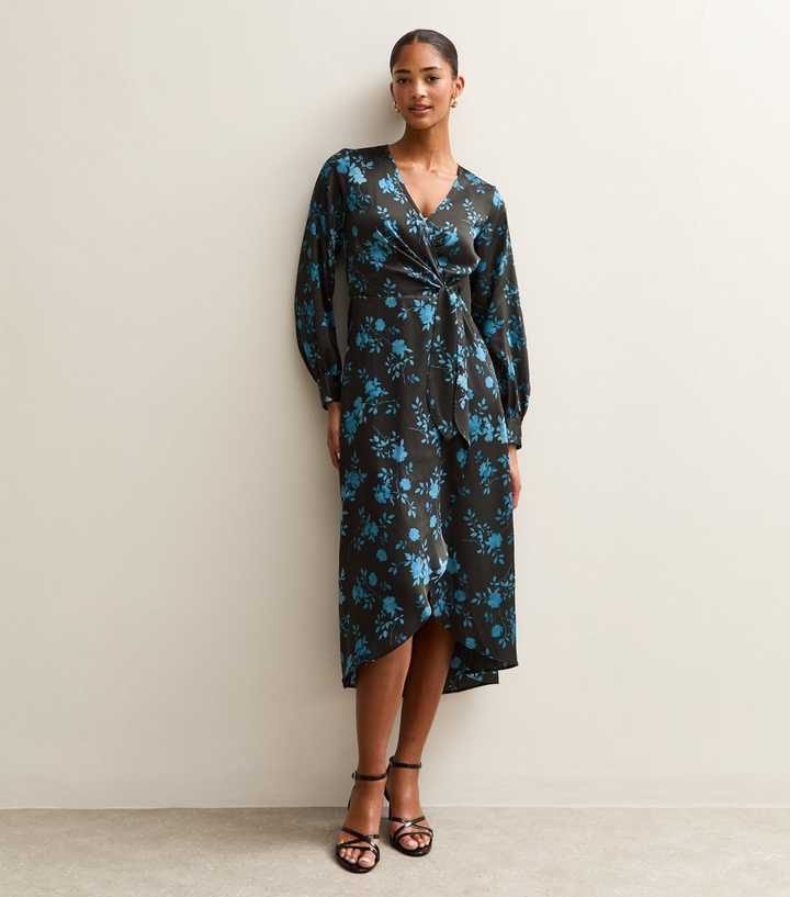 Blue Floral Satin Wrap Midi Dress