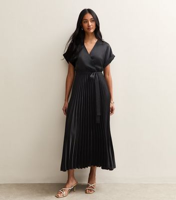 Black Satin Pleated Wrap Midi Dress