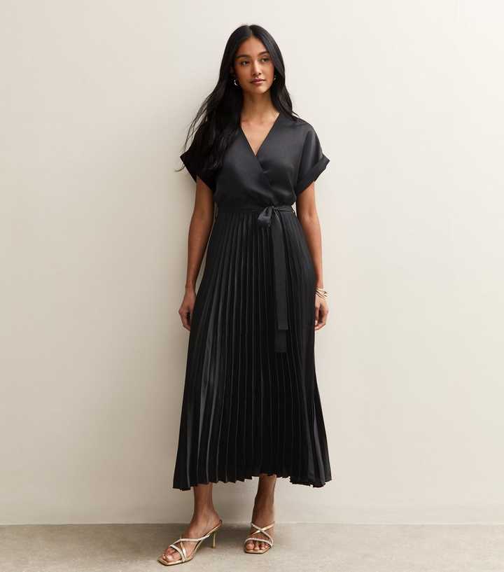 Black Satin Pleated Wrap Midi Dress | New Look