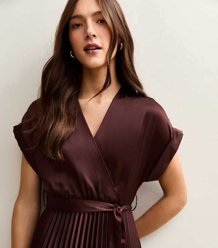 Dark Brown Satin Pleated Wrap Midi Dress | New Look