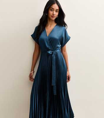 Navy Satin Pleated Wrap Midi Dress