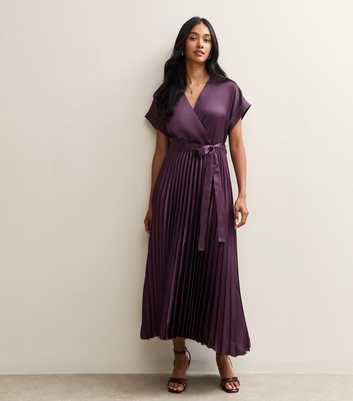 Dark Burgundy Satin Pleated Wrap Midi Dress