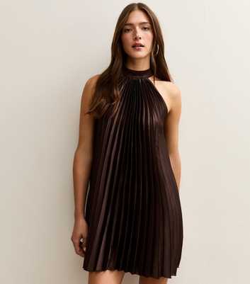 Dark Brown Pleated Halterneck Mini Dress