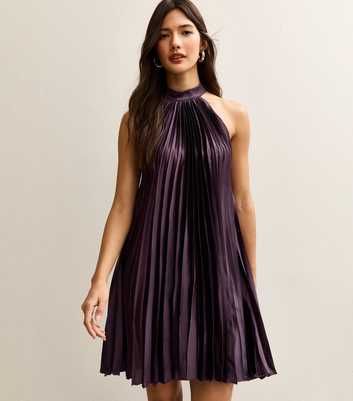 Dark Burgundy Pleated Halterneck Mini Dress