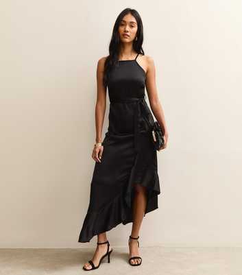 Black Satin Ruffled Wrap Midi Dress