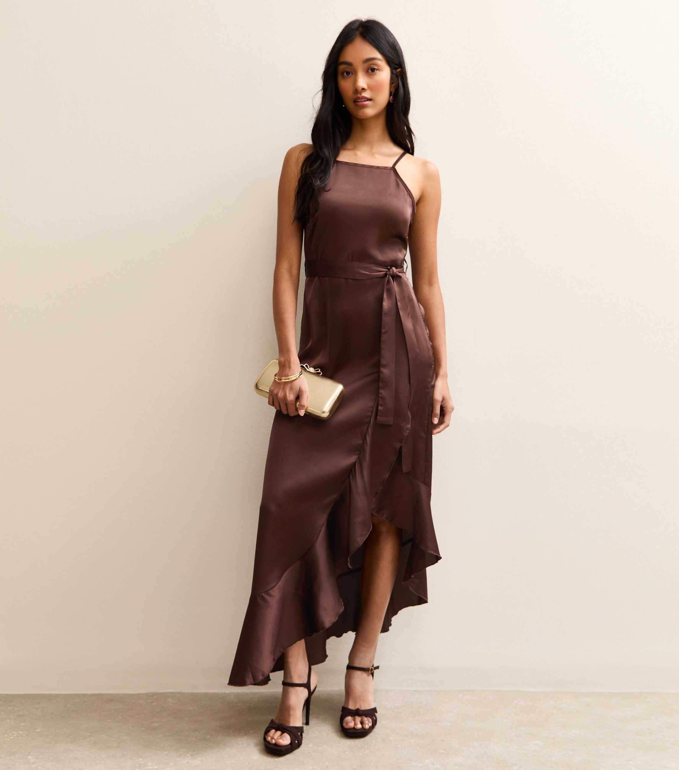 Dark Brown Satin Ruffled Wrap Midi Dress New Look Dark Brown Satin Ruffled Wrap Midi Dress New Look