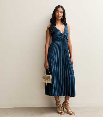 Navy Satin Pleated Midi Dress