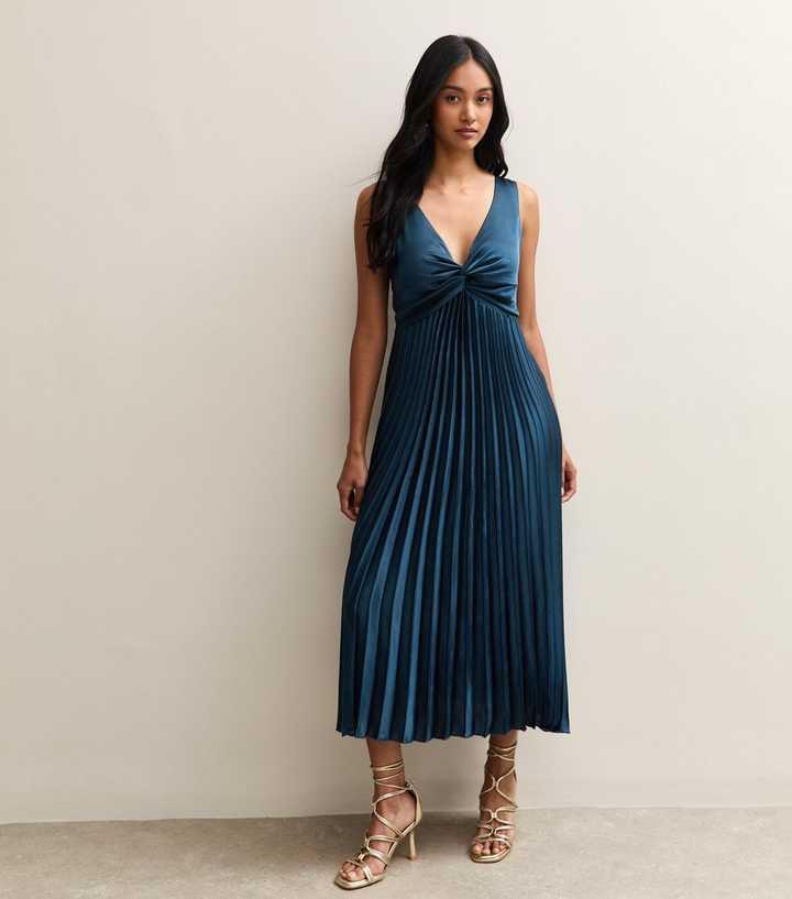 Navy Satin Pleated Midi Dress | New Look