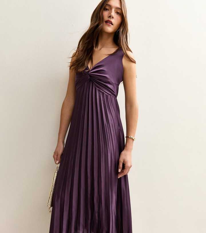 Dark Burgundy Satin Pleated Midi Dress