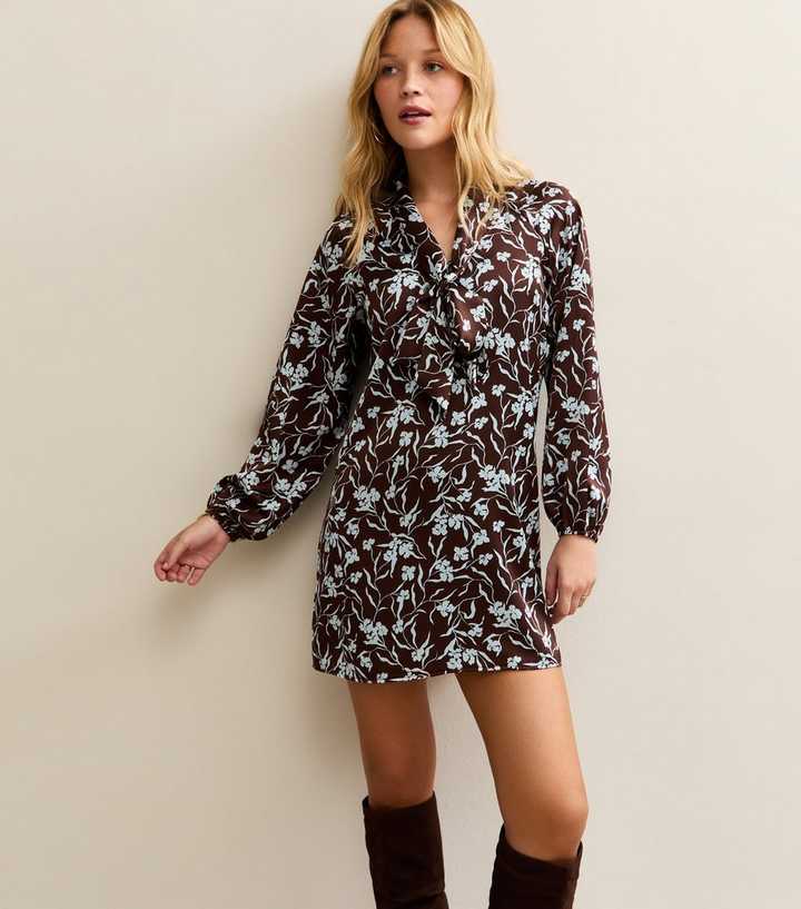 Brown Floral Satin Pussybow Mini Dress