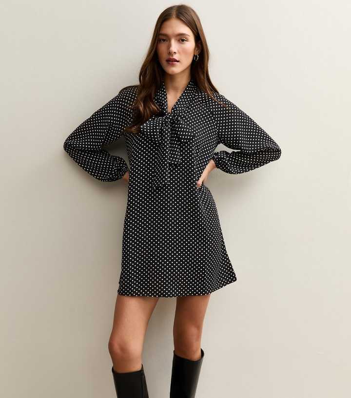 Black Polka Dot Pussybow Mini Dress