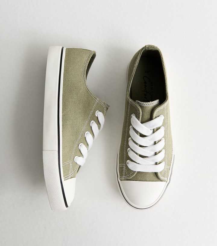 Light Khaki Canvas Lace Up Trainers