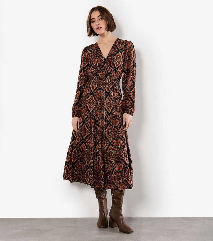 Apricot Black Empire Line Smocked Printed Dress