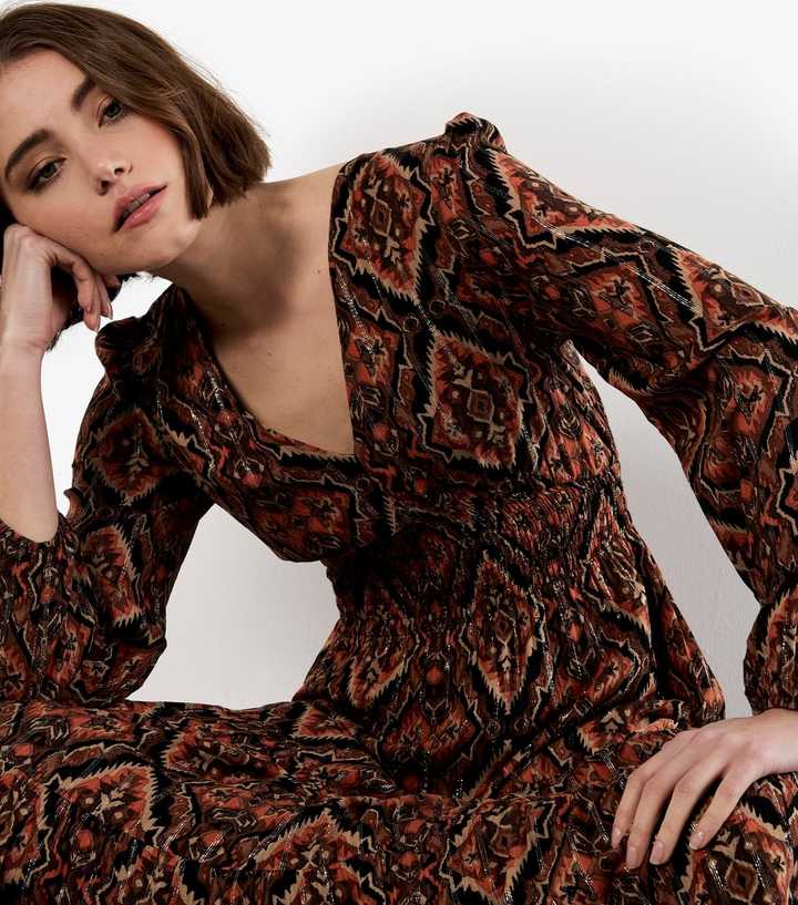 Apricot Black Empire Line Smocked Printed Dress | New Look