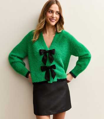 Sunshine Soul Mid Green Fluffy Satin Bow Cardigan
