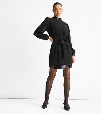 Gini London Sequin Trim High Neck Belted Mini Dress