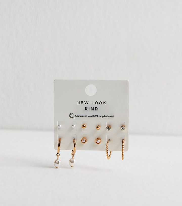 Pack of 6 Gold Tone Faux Pearl Stud and Hoop Earrings
