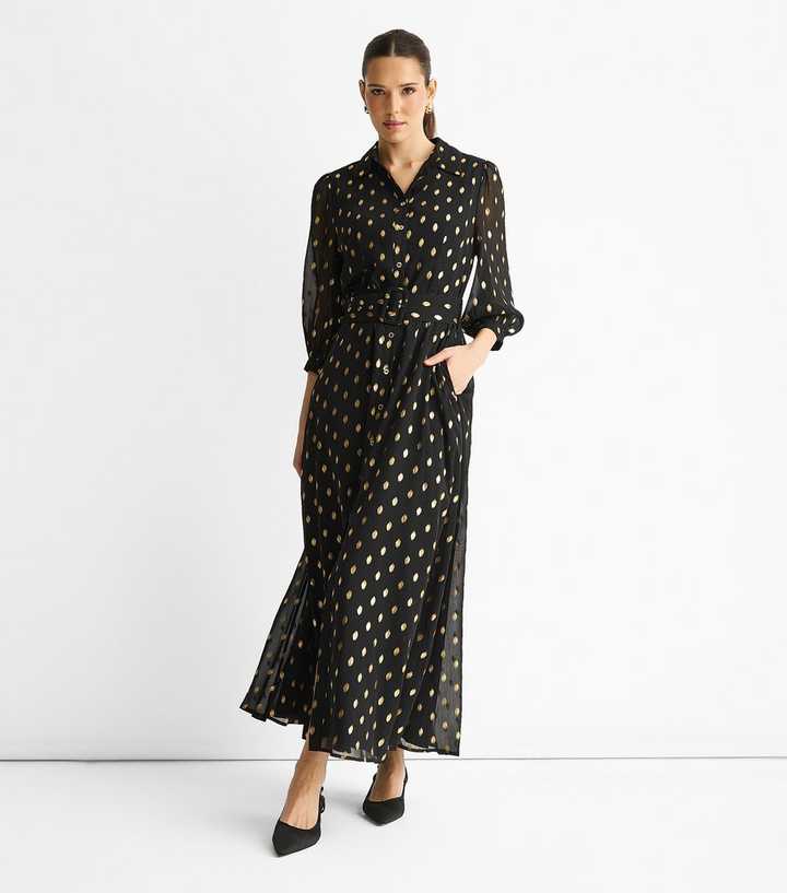 Gini London Black Chiffon Foil Belt Maxi Shirt Dress