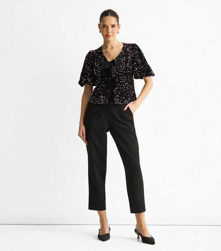 Gini London Petite Black Velvet Sequin Bow Front Top