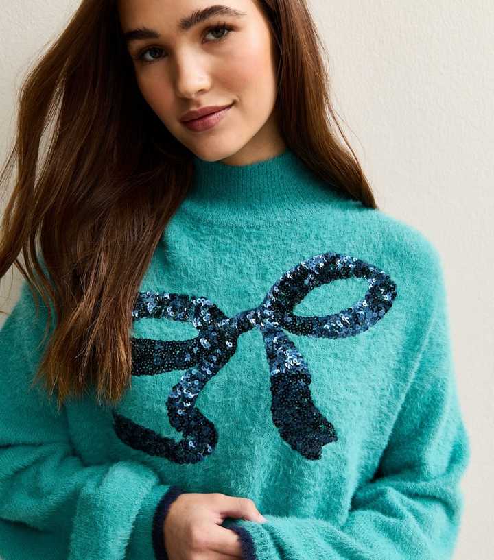 Sunshine Soul Teal Brushed Sequin Bow Turtle Neck Jumper