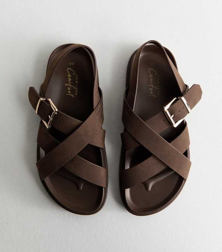 Brown Faux Brushed Leather Multi Strap Chunky Flat Sandals