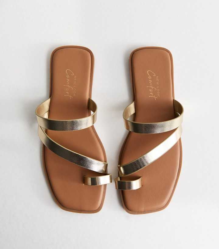 Gold Faux Leather Multi Strap Toe Post Sandals