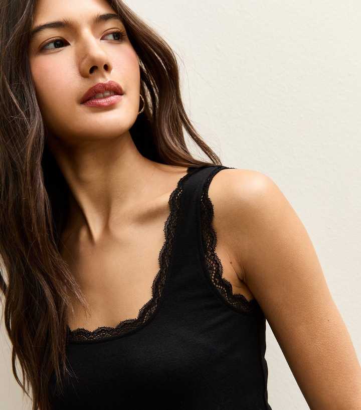 Black Lace Trim Square Neck Tank Top