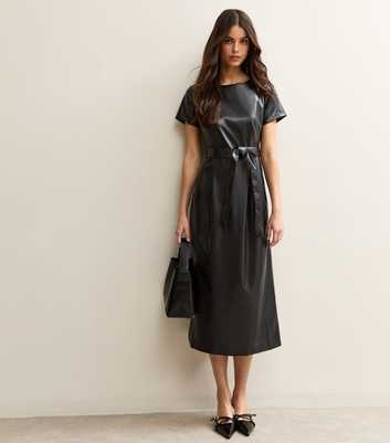 Black Faux Leather Belted Midi Dress