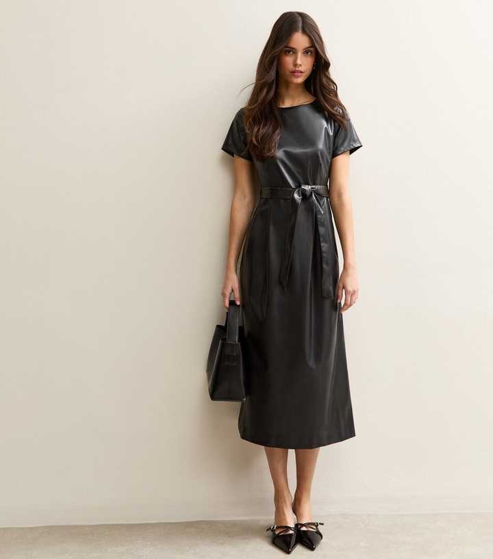 Black Faux Leather Belted Midi Dress