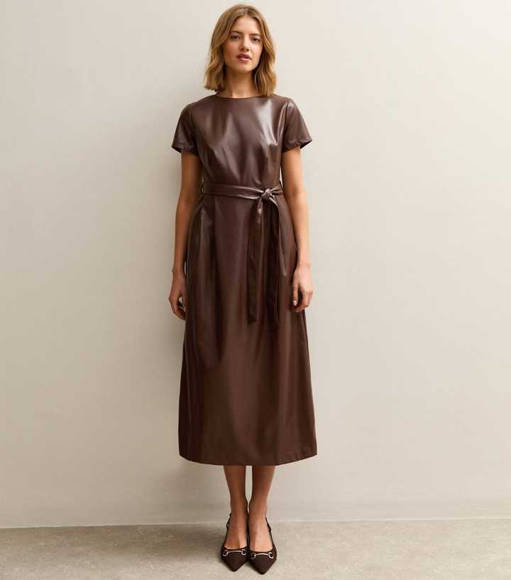 Dark Brown Faux Leather Belted Midi Dress