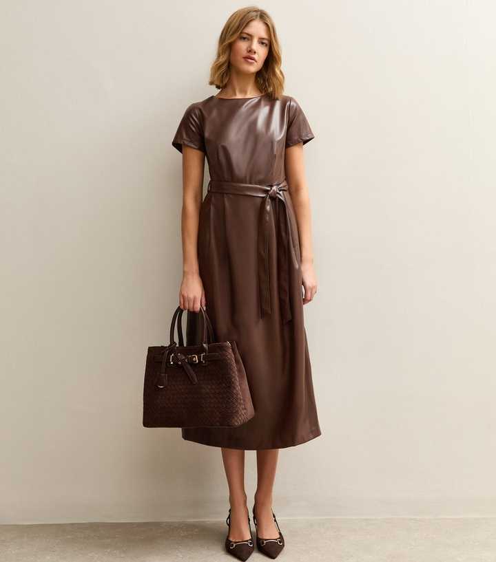 chinese dress ladies Women's Something to Behold Brown Faux Leather Short Sleeve Belted Midi Dress | Size: L