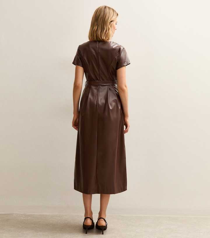 Dark Brown Faux Leather Belted Midi Dress | New Look