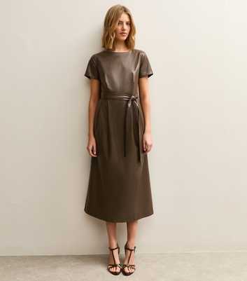 Light Khaki Faux Leather Belted Midi Dress