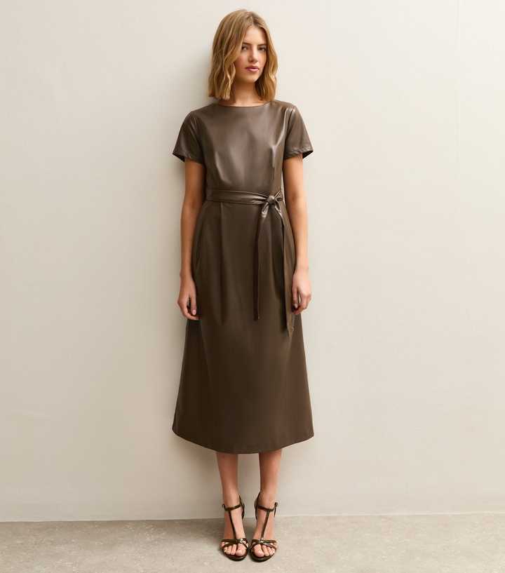 Light Khaki Faux Leather Belted Midi Dress