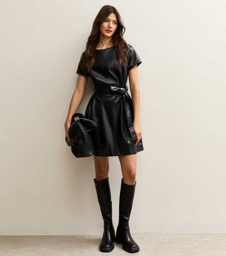 Black Faux Leather Belted Mini Dress