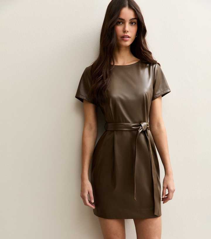 Light Khaki Faux Leather Belted Mini Dress
