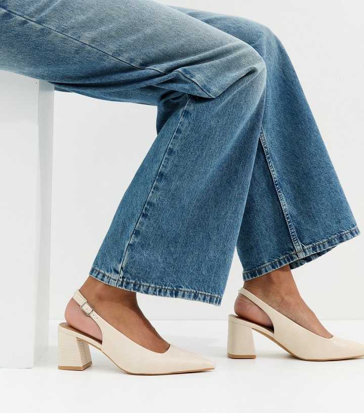 Wide Fit Off White Block Lizard Effect Slingback Court Shoes