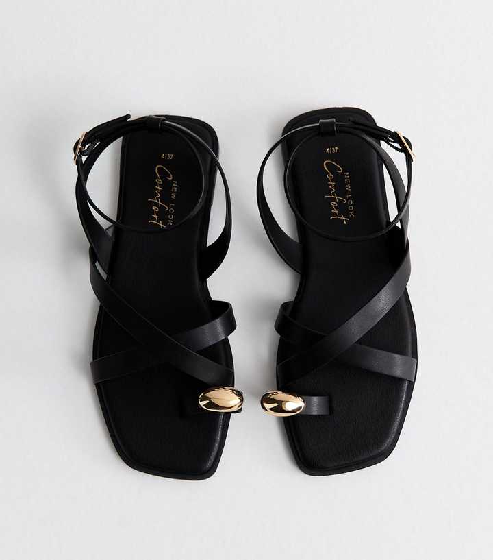 Black Faux Leather Multi Strap Toe Ring Flat Sandals