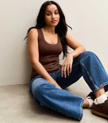 Petite Dark Brown Ribbed Scoop Neck Tank Top