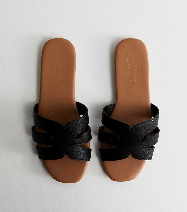 Black Faux Leather Interwoven Strap Flat Mule Sandals