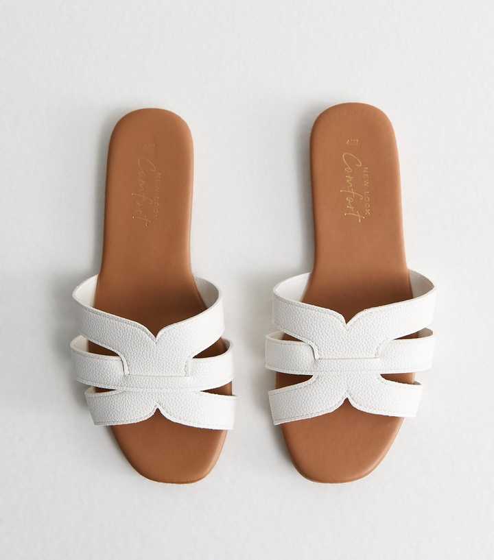 White Faux Leather Interwoven Strap Flat Mule Sandals