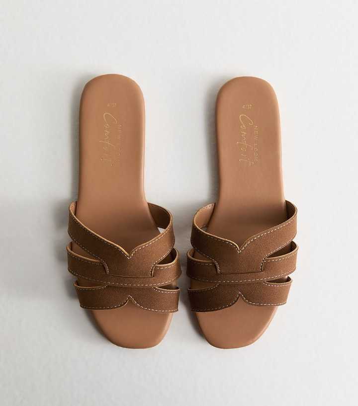 Tan Faux Suede Interwoven Strap Flat Mule Sandals