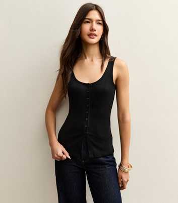 Black Ribbed Button Up Tank Top