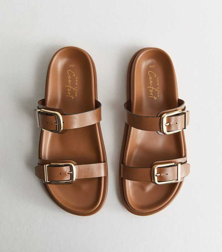 Tan Faux Leather Buckled Strap Sandals