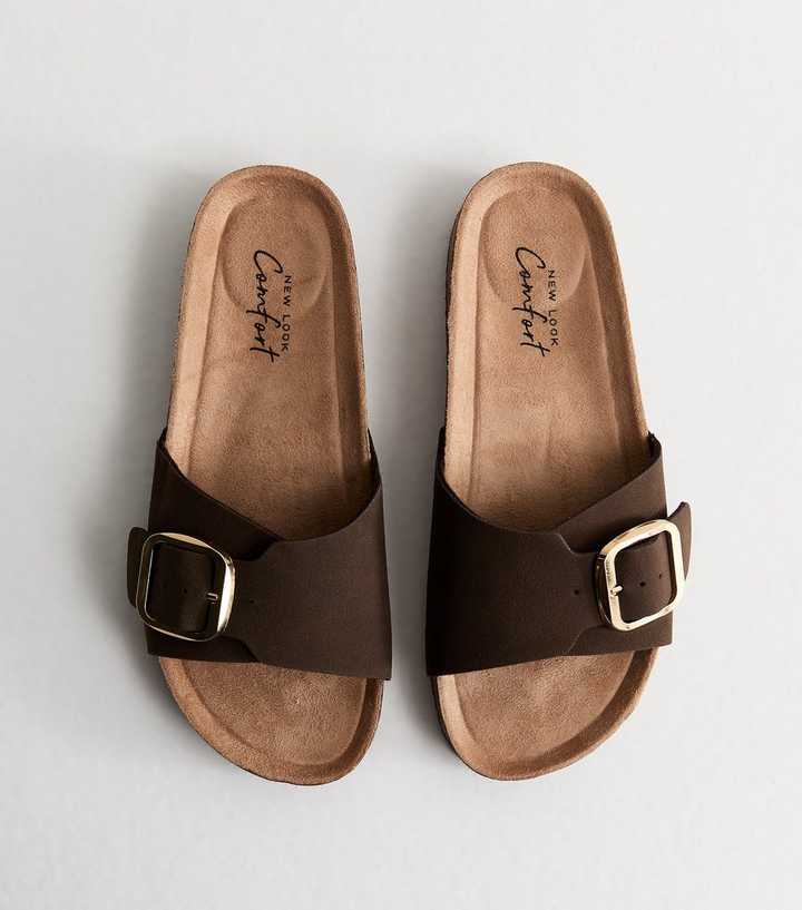 Brown Faux Suede Buckled Strap Mule Sandals
