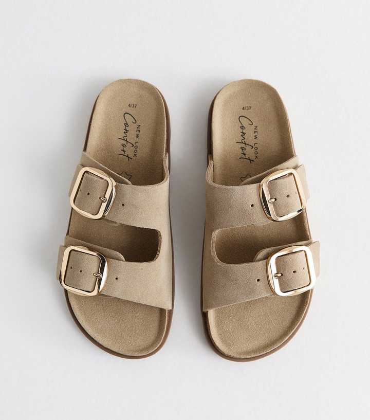 Premium Real Leather Off White Real Suede Buckled Strap Sandals