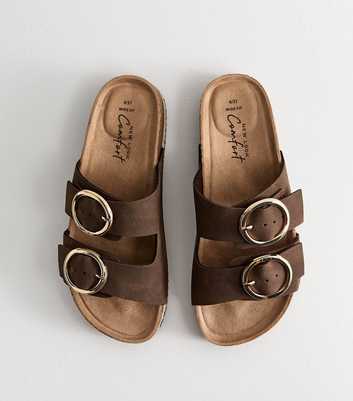 Wide Fit Brown Faux Suede Round Buckle Sandals