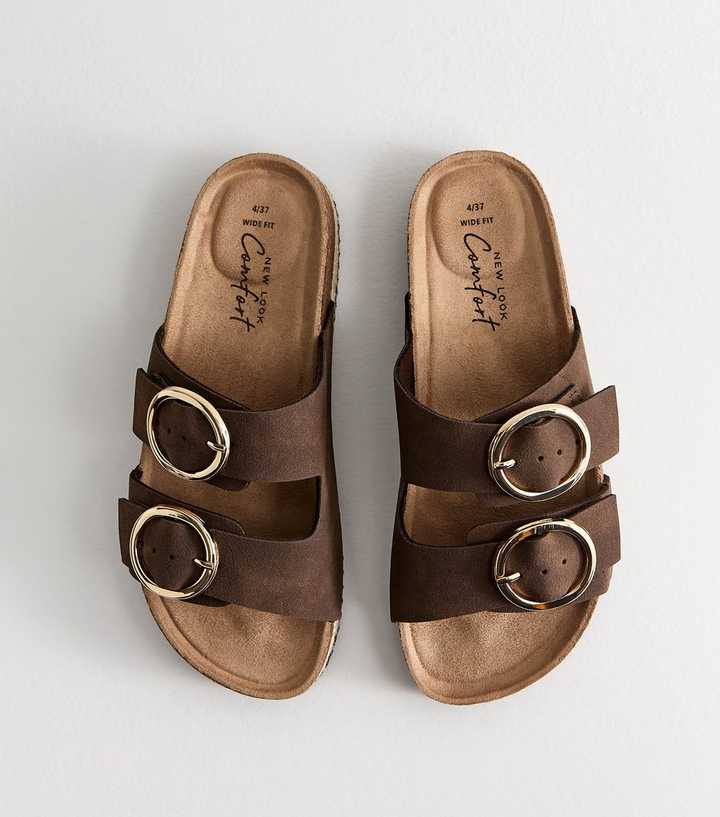Wide Fit Brown Faux Suede Round Buckle Sandals
