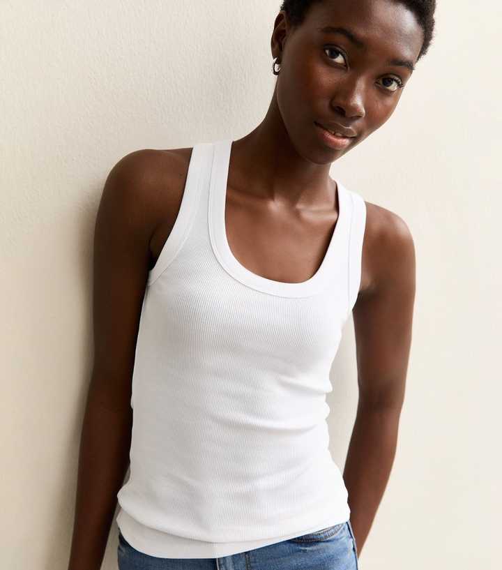Tall White Ribbed Scoop Neck Vest