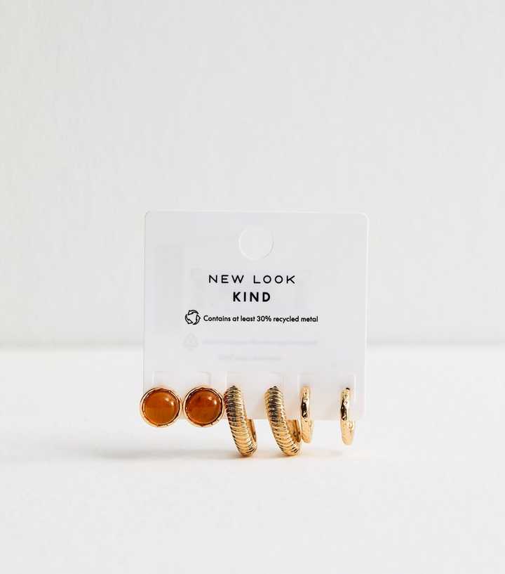 Pack Of 3 Gold Tone Hoop and Domed Stud Earrings